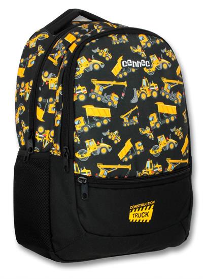 Cennec Siyah Sarı İş Makineleri  İlkokul Okul Çantası - Üç Bölmeli Sırt Çantası