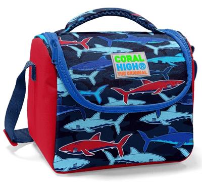 Coral High   Okul Beslenme Çantası - Isı Yalıtımlı Lacivert Kırmızı Köpekbalığı Baskılı