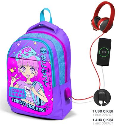 Coral High  K-Pop Kız Çocuk USB Çıkışlı İlkokul ve Ortaokul Sırt Çantası