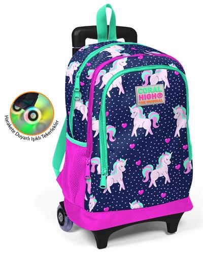 Coral High  Unicorn Baskılı Çekçek Okul Çantası - Işıklı Tekerlekler
