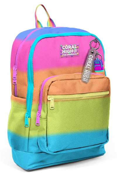 Coral High 23770 Dört Bölmeli Kız Çocuk İlkokul 1-2-3-4. Sınıf Okul Sırt Çantası - Pembe Turuncu Renk Geçişli
