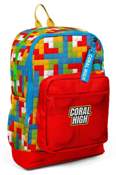Coral High 23775 Dört Bölmeli Kız ve Erkek Çocuk İlkokul 1-2-3-4. Sınıf Okul Sırt Çantası - Kırmızı Yapı Blokları