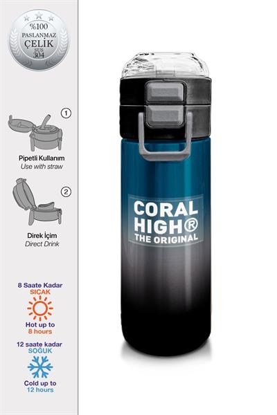 Coral High 500 ml Erkek Çocuk Pipetli Termos/Matara - Nefti Gri Renk Geçişli - Çift Kullanım Özelliği 31855