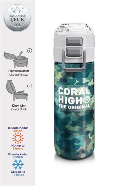 Coral High 500 ml Erkek Çocuk Pipetli Termos/Matara - Nefti Kamuflaj Desenli  - Çift Kullanım Özelliği 31845