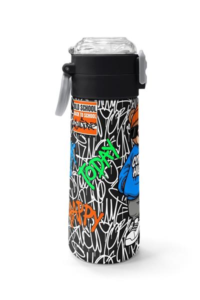 Coral High 500 ml Erkek Çocuk Siyah Mavi Grafiti Ayıcık Baskılı Çelik Termos Matara - Okul Suluğu