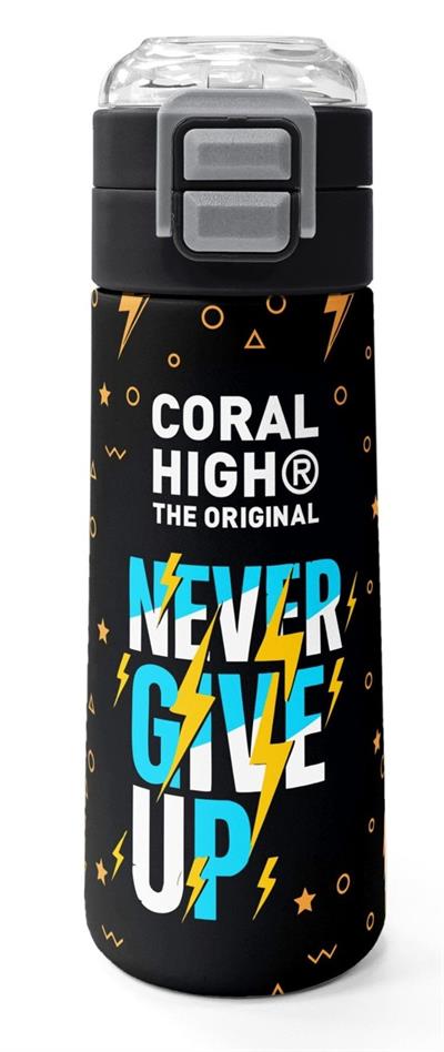 Coral High 500 ml Erkek Çocuk Siyah Sarı Never Give Up Baskılı Çelik Termos Matara - Okul Suluğu