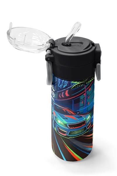 Coral High 500 ml Erkek Çocuk Siyah Yarış Arabası Baskılı Çelik Termos Matara - Okul Suluğu