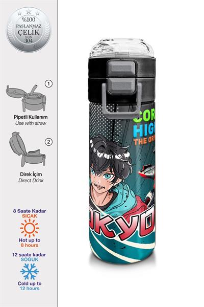 Coral High 500 ml Gri Nefti Anime Motorsiklet Desenli  - Erkek Çocuk Paslanmaz Çelik Okul Termosu/Suluk/Matara 31965