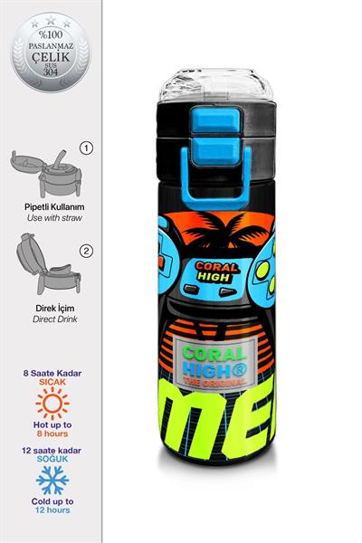 Coral High 500 ml Gri Turuncu Gamer Desenli - Erkek Çocuk Paslanmaz Çelik Okul Termosu/Suluk/Matara 31947