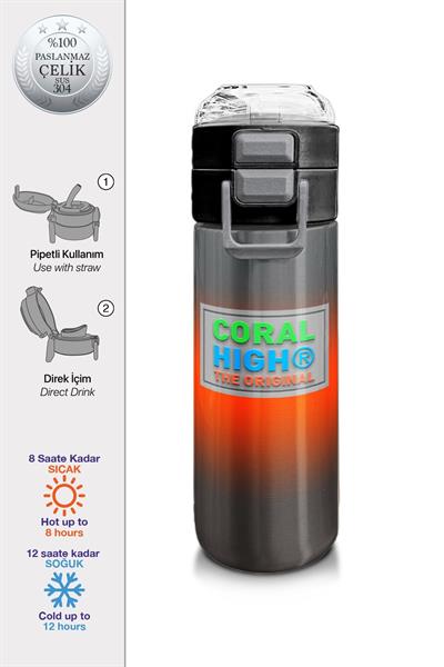 Coral High 500 ml Gri Turuncu Renk Geçişli - Erkek Çocuk Paslanmaz Çelik Okul Termosu/Suluk/Matara 31949