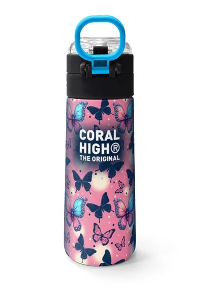 Coral High 500 ml Kız Çocuk Lacivert Pembe Kelebek Desenli Çelik Termos Matara - Okul Suluğu