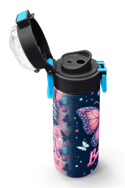 Coral High 500 ml Kız Çocuk Lacivert Pembe Kelebek Desenli Çelik Termos Matara - Okul Suluğu
