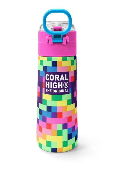 Coral High 500 ml Kız Çocuk Mor Piksel Kalp Desenli Çelik Termos Matara - Okul Suluğu