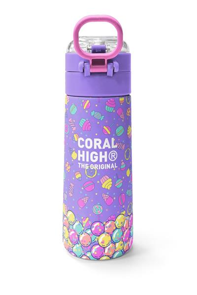 Coral High 500 ml Kız Çocuk Mor Yeşil Ayıcık Desenli Çelik Termos Matara - Okul Suluğu