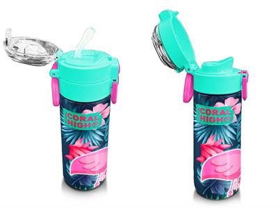 Coral High 500 ml Kız Çocuk Pipetli Termos/Matara - Neon Mercan Su Yeşili Flamingo Desenli - Çift Kullanım Özelliği 31819