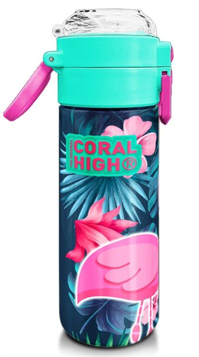 Coral High 500 ml Kız Çocuk Pipetli Termos/Matara - Neon Mercan Su Yeşili Flamingo Desenli - Çift Kullanım Özelliği 31819