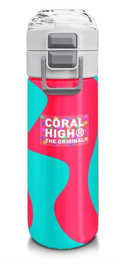 Coral High 500 ml Kız Çocuk Pipetli Termos/Matara - Neon Mercan Turuncu Desenli - Çift Kullanım Özelliği 31885