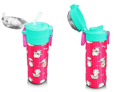 Coral High 500 ml Kız Çocuk Pipetli Termos/Matara - Neon Mercan SuYeşili Alpaka Desenli  - Çift Kullanım Özelliği 31914
