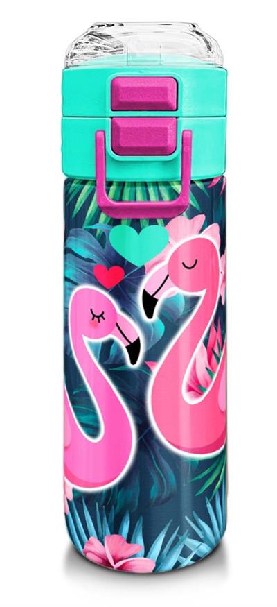 Coral High 500 ml Kız Çocuk Pipetli Termos/Matara - Neon Mercan Su Yeşili Flamingo Desenli - Çift Kullanım Özelliği 31819