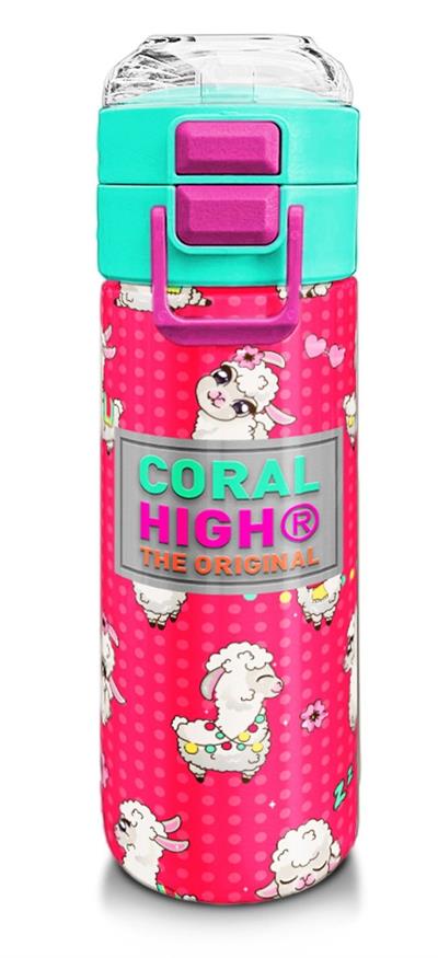 Coral High 500 ml Kız Çocuk Pipetli Termos/Matara - Neon Mercan SuYeşili Alpaka Desenli  - Çift Kullanım Özelliği 31914