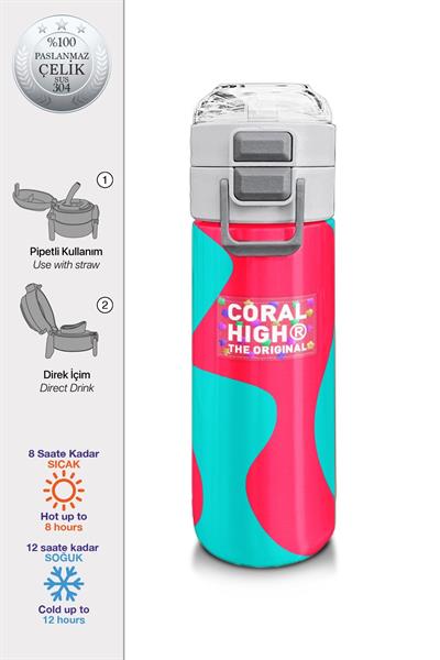 Coral High 500 ml Kız Çocuk Pipetli Termos/Matara - Neon Mercan Turuncu Desenli - Çift Kullanım Özelliği 31885
