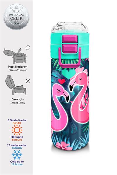 Coral High 500 ml Kız Çocuk Pipetli Termos/Matara - Neon Mercan Su Yeşili Flamingo Desenli - Çift Kullanım Özelliği 31819
