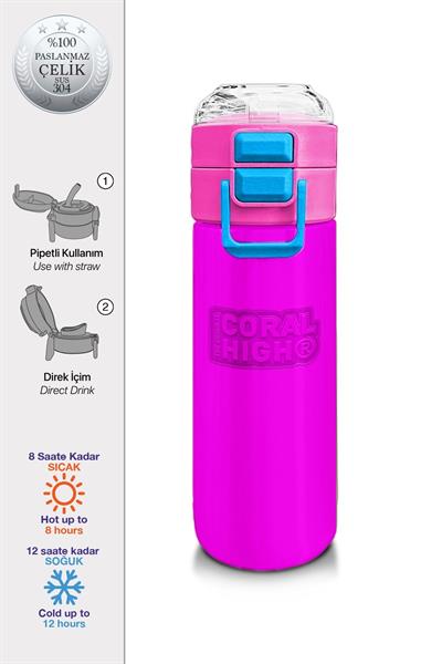 Coral High 500 ml Kız Çocuk Pipetli Termos/Matara - Pembe 31843 - Çift Kullanım Özelliği 31843