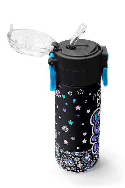 Coral High 500 ml Kız Çocuk Siyah Mor Ayıcık Baskılı Çelik Termos Matara - Okul Suluğu