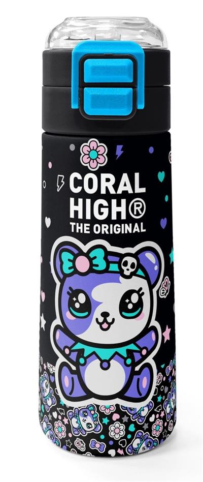 Coral High 500 ml Kız Çocuk Siyah Mor Ayıcık Baskılı Çelik Termos Matara - Okul Suluğu