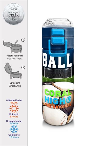 Coral High Çelik Matara Termos/Suluk 31995 - 500ml, Lacivert Futbol Desenli - Erkek Çocuk