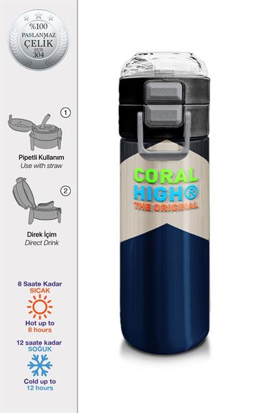 Coral High 500 ml Lacivert Koyu Gri Bej Desenli  - Erkek Çocuk Paslanmaz Çelik Okul Termosu/Suluk/Matara 31893
