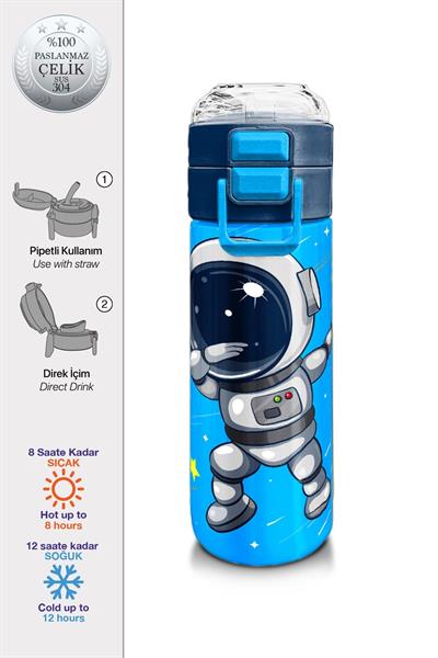 Coral High 500 ml Lacivert Mavi Astronot Desenli - Erkek Çocuk Paslanmaz Çelik Okul Termosu/Suluk/Matara 31804