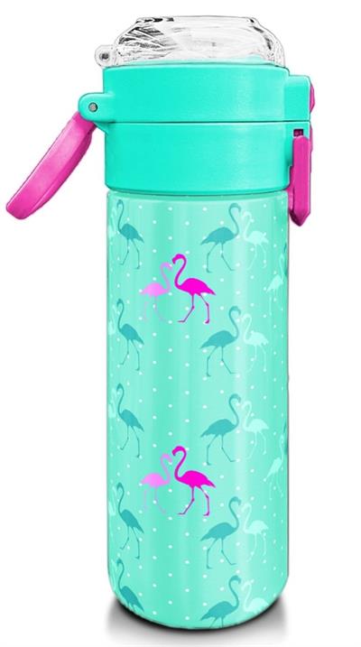 Coral High 500 ml Paslanmaz Çelik Okul Termosu/Suluk/Matara - Kız Çocuk - Su Yeşili Neon Pembe Flamingo Desenli - Sızdırma Yapmaz 31904