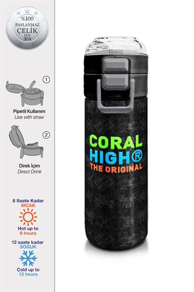 Coral High 500 ml Paslanmaz Çelik Okul Termosu/Suluk/Matara - Erkek Çocuk - Siyah Drone Desenli  - Sızdırma Yapmaz 31891