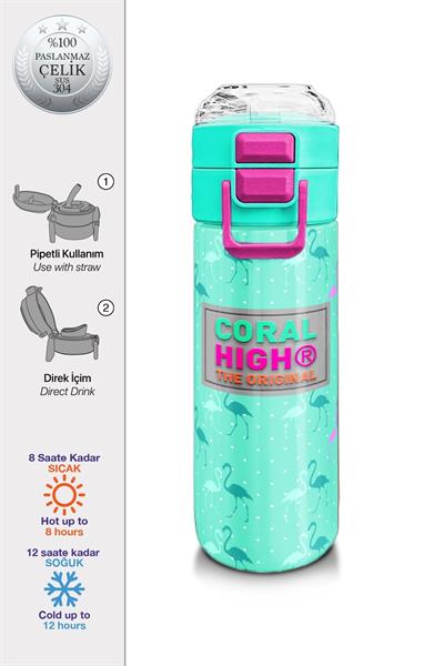 Coral High 500 ml Paslanmaz Çelik Okul Termosu/Suluk/Matara - Kız Çocuk - Su Yeşili Neon Pembe Flamingo Desenli - Sızdırma Yapmaz 31904