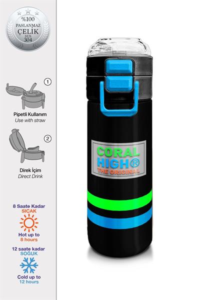 Coral High 500 ml Paslanmaz Çelik Okul Termosu/Suluk/Matara - Erkek Çocuk - Siyah 31929 - Sızdırma Yapmaz 31929
