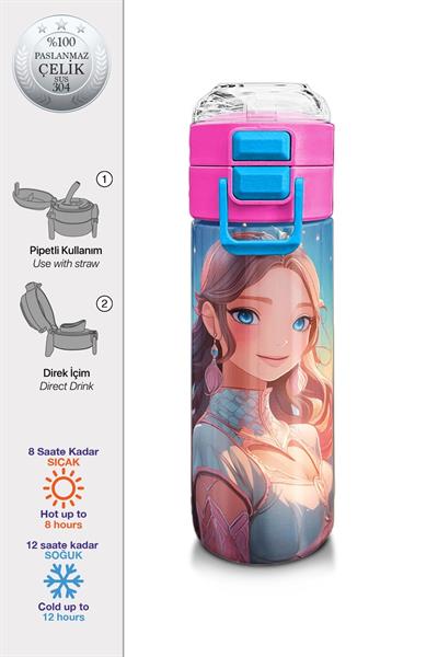 Coral High 500 ml Paslanmaz Çelik Okul Termosu/Suluk/Matara - Kız Çocuk - Turkuaz Pembe Anime Kız Desenli  - Sızdırma Yapmaz 31858