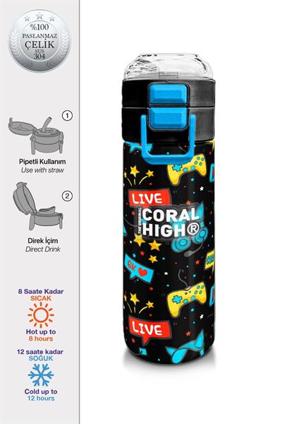 Coral High Çelik Matara Termos/Suluk 31984 - 500ml, Erkek Çocuk - Siyah Mavi Gamer