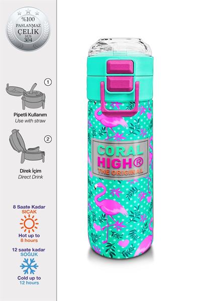 Coral High 500 ml Paslanmaz Çelik Okul Termosu/Suluk/Matara - Kız Çocuk - Su Yeşili Pembe Flamingo - Sızdırma Yapmaz 31926