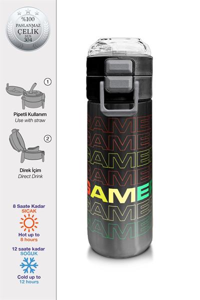Coral High 500 ml Paslanmaz Çelik Okul Termosu/Suluk/Matara - Erkek Çocuk - Siyah Gri Gamer Desenli - Sızdırma Yapmaz 31853