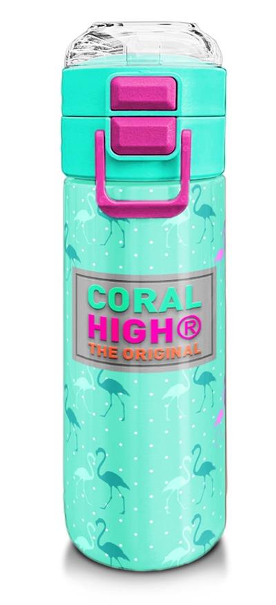 Coral High 500 ml Paslanmaz Çelik Okul Termosu/Suluk/Matara - Kız Çocuk - Su Yeşili Neon Pembe Flamingo Desenli - Sızdırma Yapmaz 31904