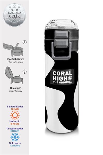 Coral High 500 ml Paslanmaz Çelik Okul Termosu/Suluk/Matara - Erkek Çocuk - Siyah Beyaz Desenli  - Sızdırma Yapmaz 31887