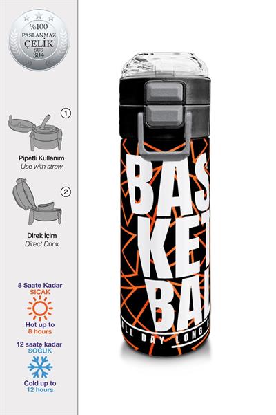 Coral High 500 ml Paslanmaz Çelik Okul Termosu/Suluk/Matara - Erkek Çocuk - Siyah Basketbol Baskılı - Sızdırma Yapmaz 31852
