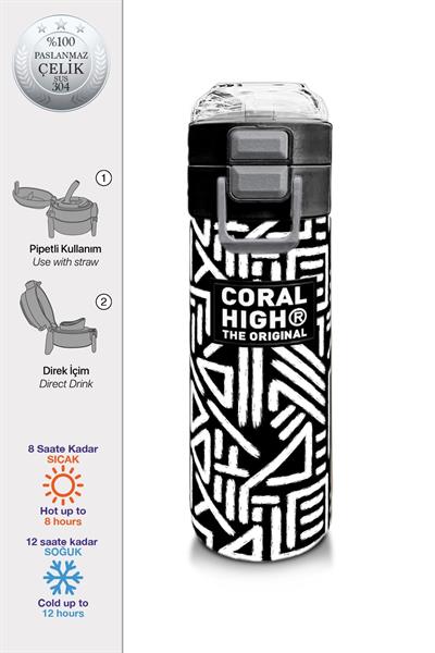 Coral High 500 ml Paslanmaz Çelik Okul Termosu/Suluk/Matara - Erkek Çocuk - SiyahBeyaz Geometrik Desenli  - Sızdırma Yapmaz 31882