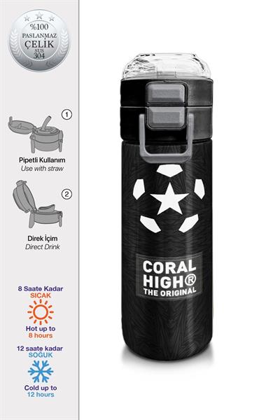 Coral High 500 ml Paslanmaz Çelik Okul Termosu/Suluk/Matara - Erkek Çocuk - Siyah Futbol Desenli  - Sızdırma Yapmaz 31898