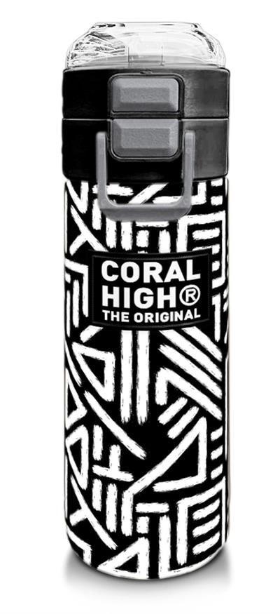 Coral High 500 ml Paslanmaz Çelik Okul Termosu/Suluk/Matara - Erkek Çocuk - SiyahBeyaz Geometrik Desenli  - Sızdırma Yapmaz 31882
