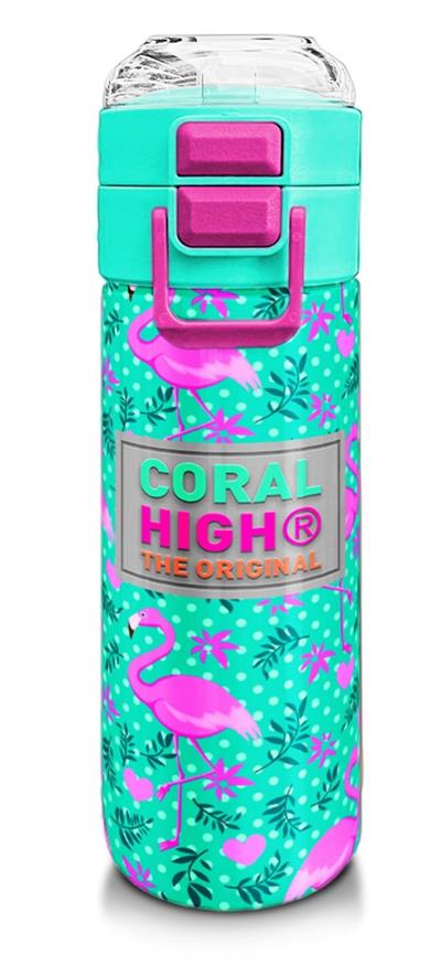 Coral High 500 ml Paslanmaz Çelik Okul Termosu/Suluk/Matara - Kız Çocuk - Su Yeşili Pembe Flamingo - Sızdırma Yapmaz 31926