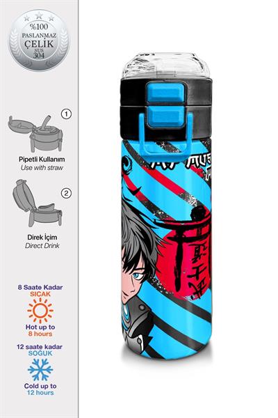 Coral High 500 ml Paslanmaz Çelik Okul Termosu/Suluk/Matara - Kız Çocuk - Siyah Mavi Anime Desenli - Sızdırma Yapmaz 31840