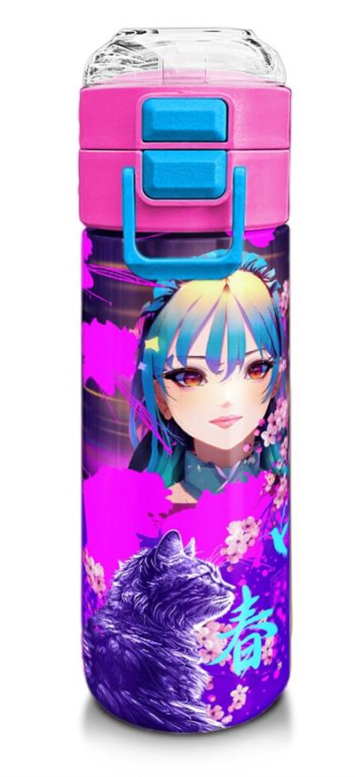 Coral High 500 ml Pipetli ve Direkt İçim Çelik Termos/Matara - Kız Çocuk -  Coral High KidsMor Pembe Anime Kedi Desenli 31954