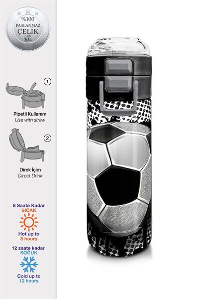 Coral High 500 ml Pipetli ve Direkt İçim Çelik Termos/Matara - Erkek Çocuk -  Futbol Desenli 31816